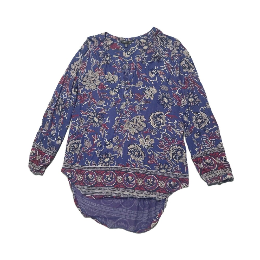 Lucky Brand Top Womens S Blue Red Floral V Neck 1/4 Button Long Sleeve Blouse
